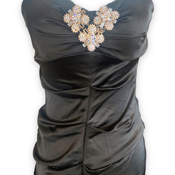 Vintage Cache Formal Black Formal Maxi Strapless Gown Rhinestone Brooch Sheer - Picture 6 of 11